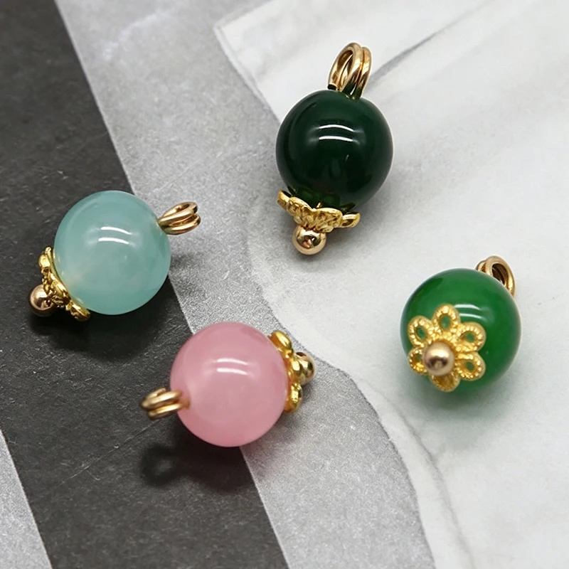 Chinese Style Natural Agate Chalcedony Bead Buttons With Metal Flower Holder 14x8.5mm 6Pcs Vintage Pendant Buttons For Qipao