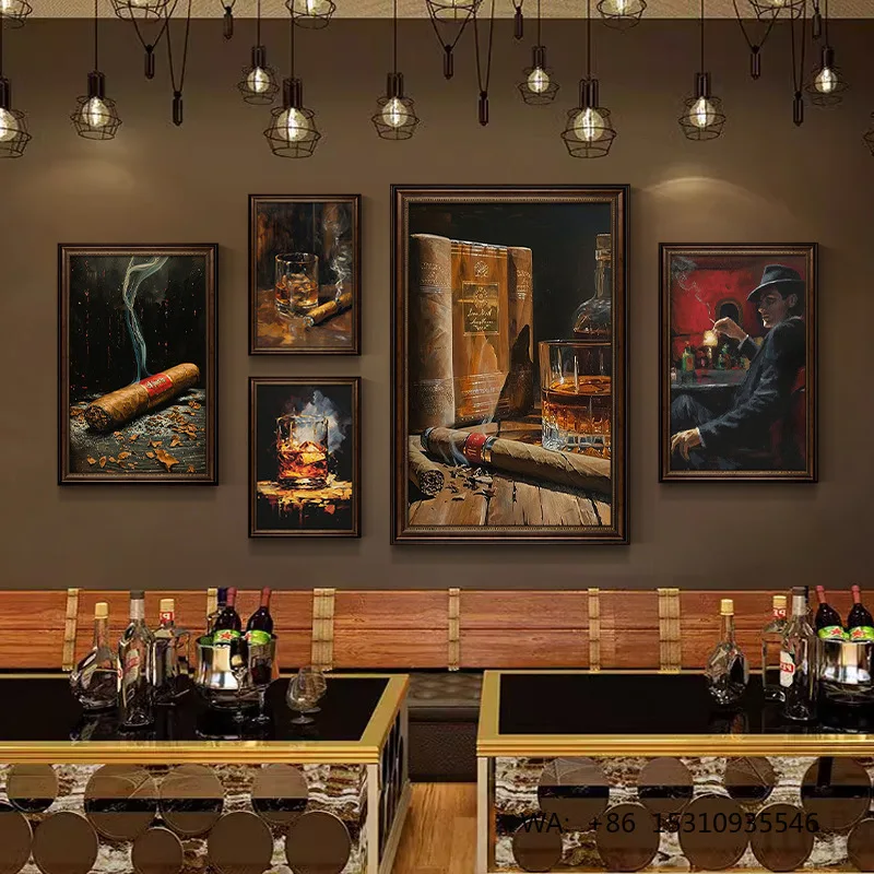 Decorative Retro Nostalgic Music Pub Oil Canvas Painting Wine Culture Cocktail Bar Foreign Liquor Whiskey Cigar Framed Hanging