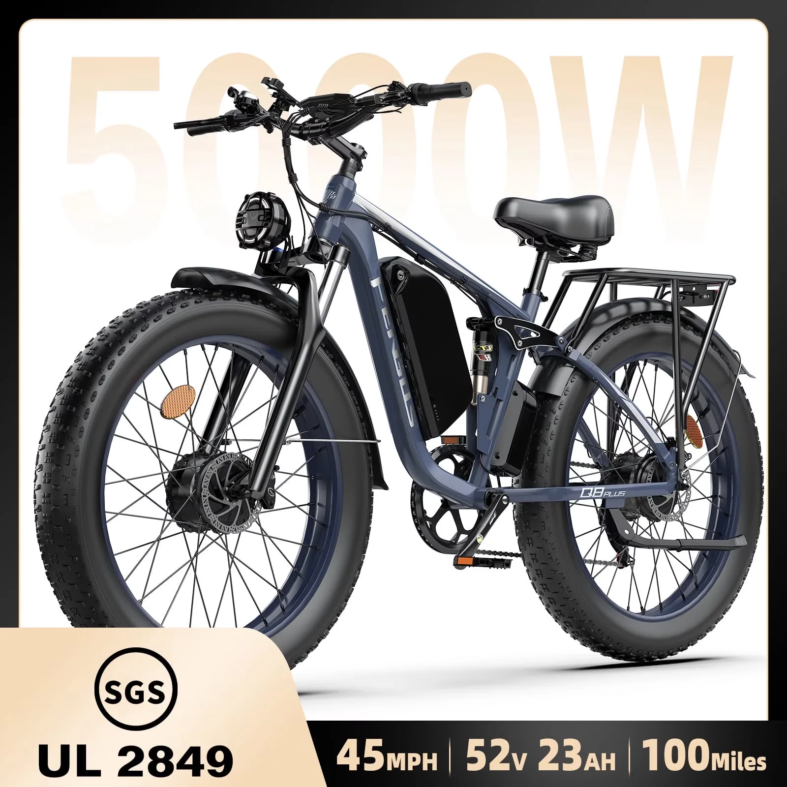 FENGQS Q8 PLUS Dual Motor Electric Bike for Adults, Peak 6000W 60V 1200Wh Removable Battery, 40-100 Miles Long Range Fat Tire E-Bike, Full Lockable Suspension, 7 Speed, 4+2 Riding Modes, 45MPH, 40° Climbing Off Road Electric Bicycle US Warehouse`