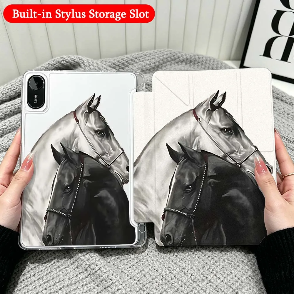 Horse Portrait Case For Xiaomi Redmi Poco Pad 5 6 7 8 Pro SE 11 11.2 12.1 Inch Transparent Y-Shaped Folding Tablet