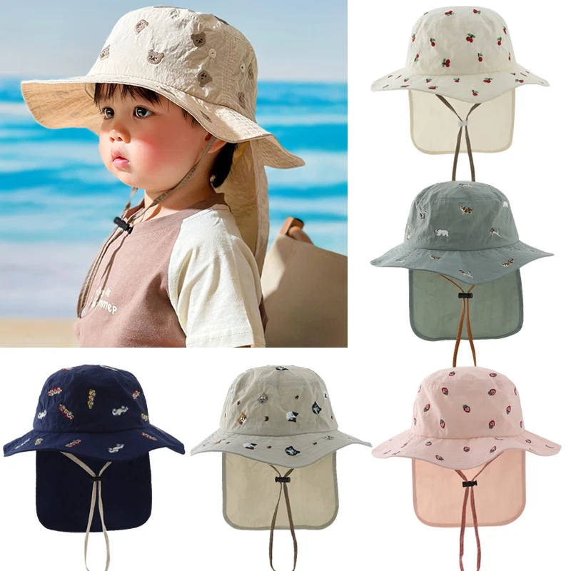 Summer Baby Sun Hat Quick-dry Beach Children Panama Cap for Girls Boys Embroidery Cartoon Kids Bucket Hats Neck Protection 1-4Y