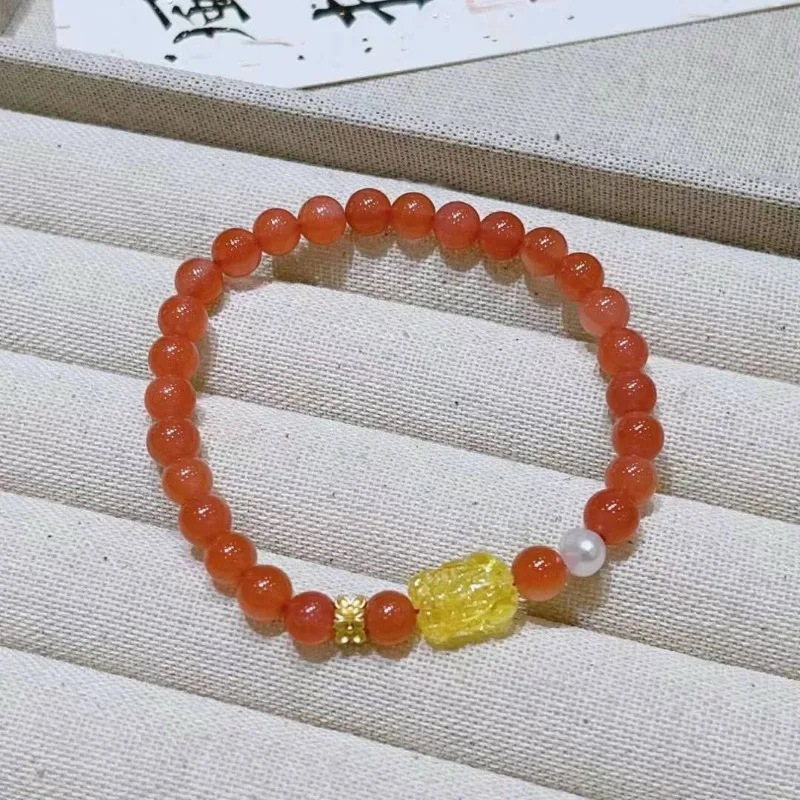 

New Nanhong Agate Single Circle Beads with Beeswax Accessories Fashion Bracelet Niche Women's Models
