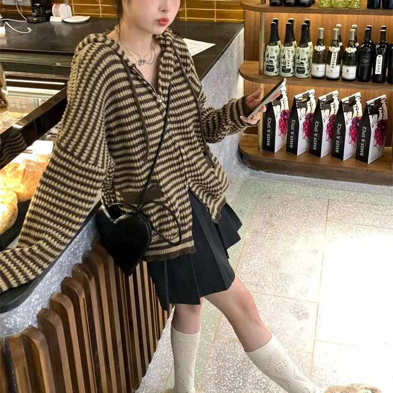 Fashion Vintage Striped Zipper Cardigan Spring Autumn Korean Hooded Loose Women\'s Clothing Casual Long Sleeve Knitted Sweaters