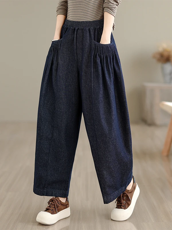 

Джинсовые повседневные свободные брюки Харлан с девятью точками, художественная женская одежда, джинсы с эластичной резинкой на талии, весна-осень