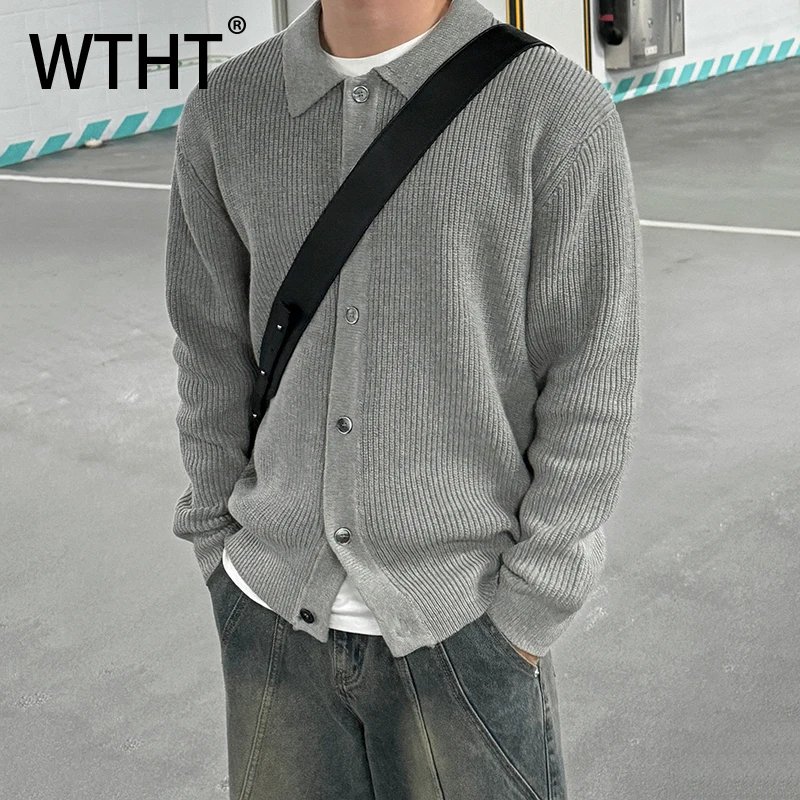 

WTHT Fashion 2025 Winter Men's Solid Color Striped Knit Sweater Trendy Korean-style Laple Single Breasted Coats Male 2A2485