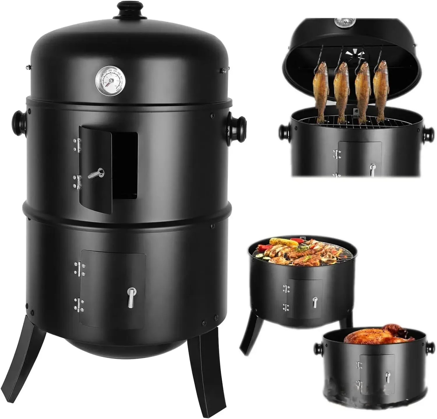 3in1 Vertical Ø45cm Charcoal BBQ Smoker, Heavy Duty Round Smoking Grill Barbecue Smoker Barrel for Outdoor Cooking, Thermometer