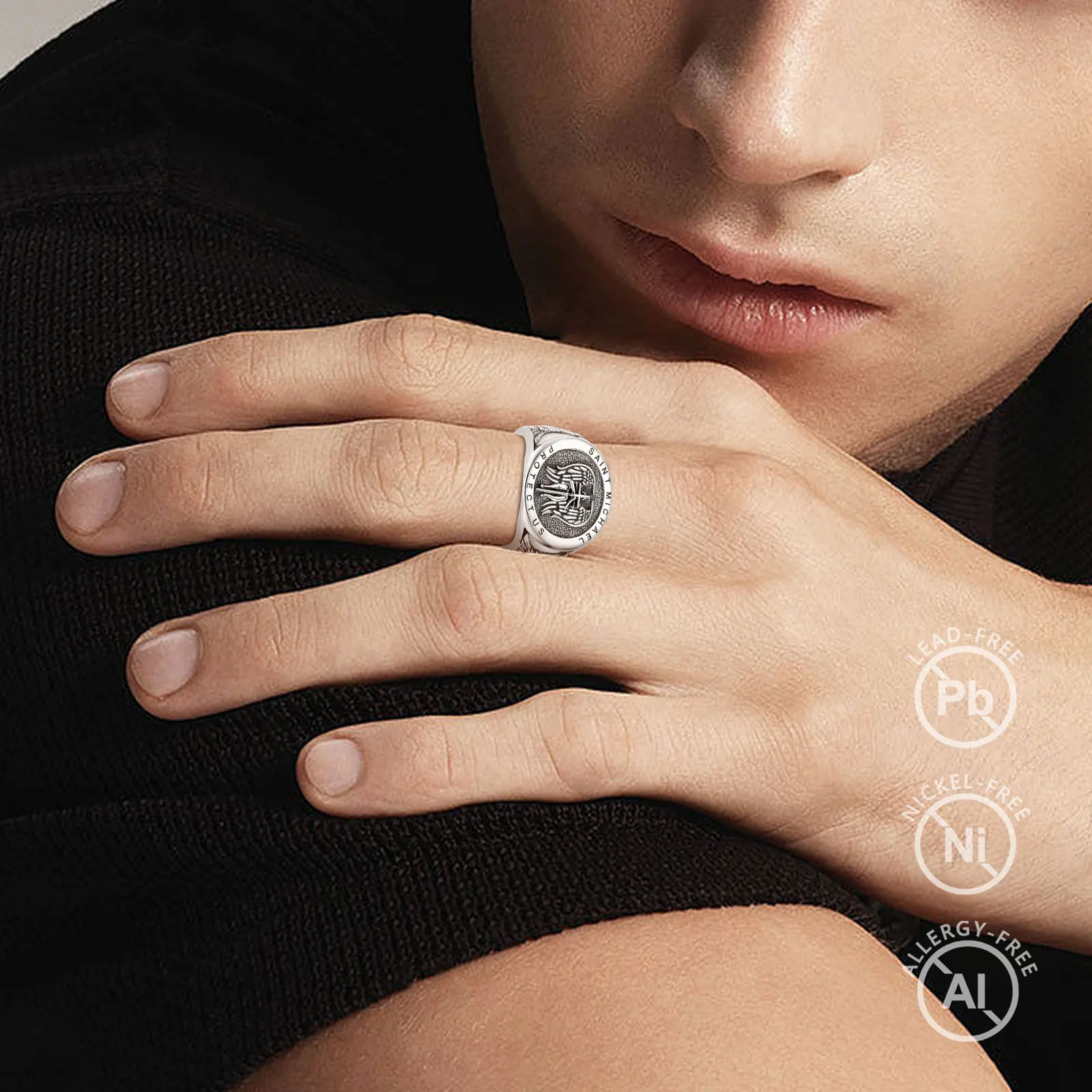 Eudora 925 Sterling Silver Saint Michael Adjustable Ring Archangel Amulet Cross Ring Christian Jewelry Gift for Men Women