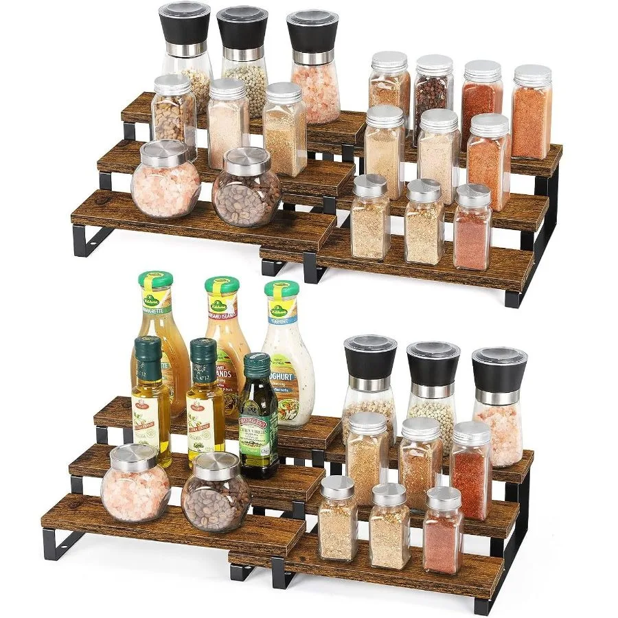 

3-Tier Wooden Spice Rack Organizer for Cabinet, Expandable Spice Rack Shelf Organizer for Kitchen Cabinet Countertop, Set of 2