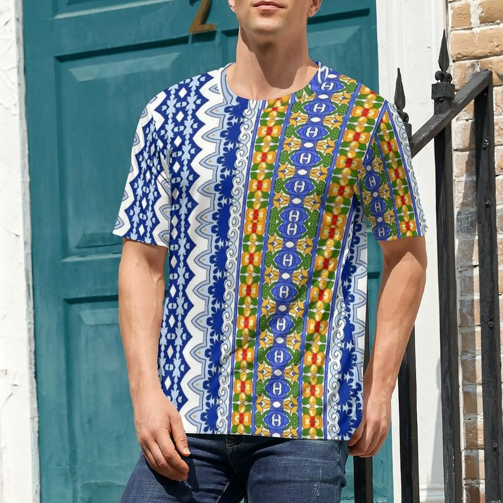 Ethnic Majolica Strip Border Print T Shirt For Male  Design O Neck T-Shirts Novelty Tops Short-Sleeved Streetwear Oversize Tees