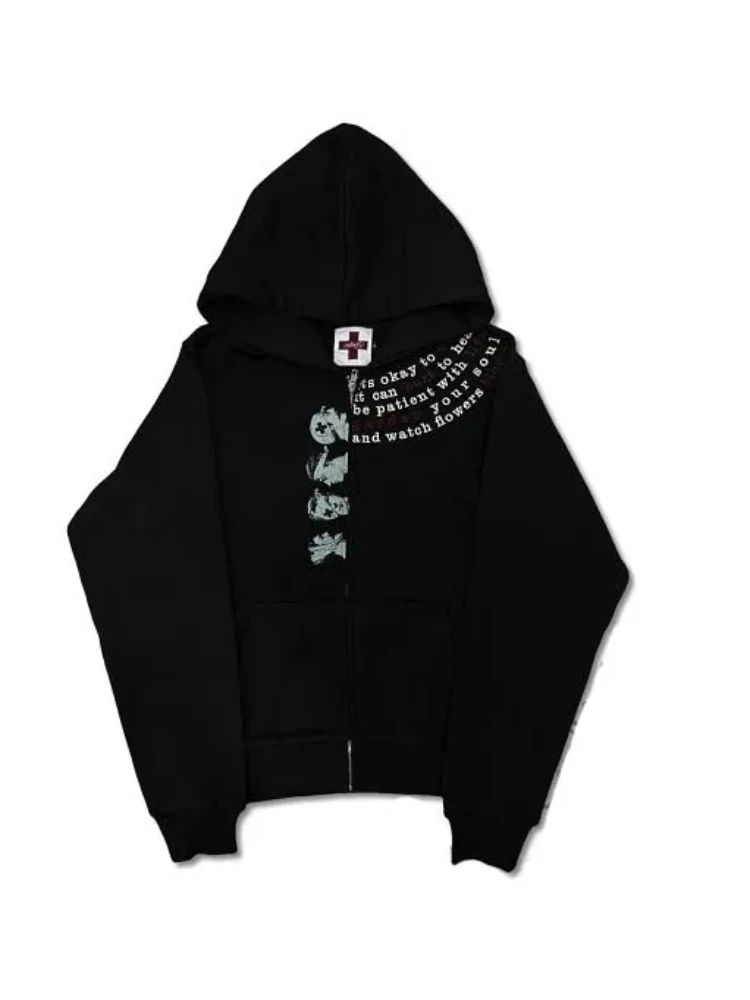 

Retro dark style personalized letter printed hooded sweatshirt cardigan zipper niche trend autumn and winter thick style