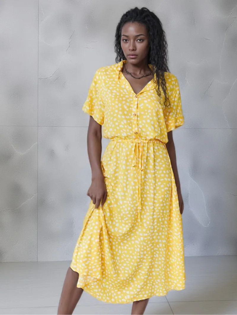 Vintage Floral Print Kleid Frauen Boho Kurzarm Langes Kleid Drehen Unten Kragen Casual Bund Hemd Kleider Robe Sommer M5H1