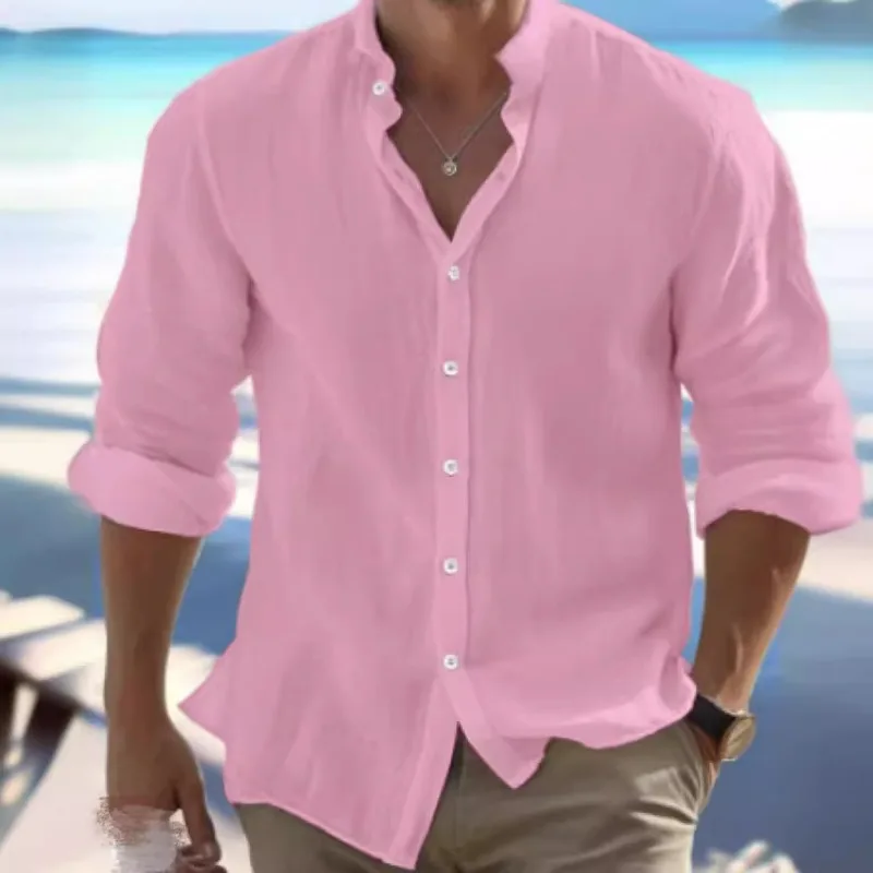 Men's Linen Button-up Shirt Summer Beach Shirt Long Sleeve Plain Stand Collar Casual Everyday Clothing