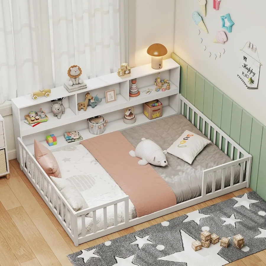 سرير أرضي كامل الحجم لإطار سرير مونتيسوري الخشبي مع أرفف تخزين متكاملة لخزانة الكتب وقضبان سياج أمان مثالية لـ G