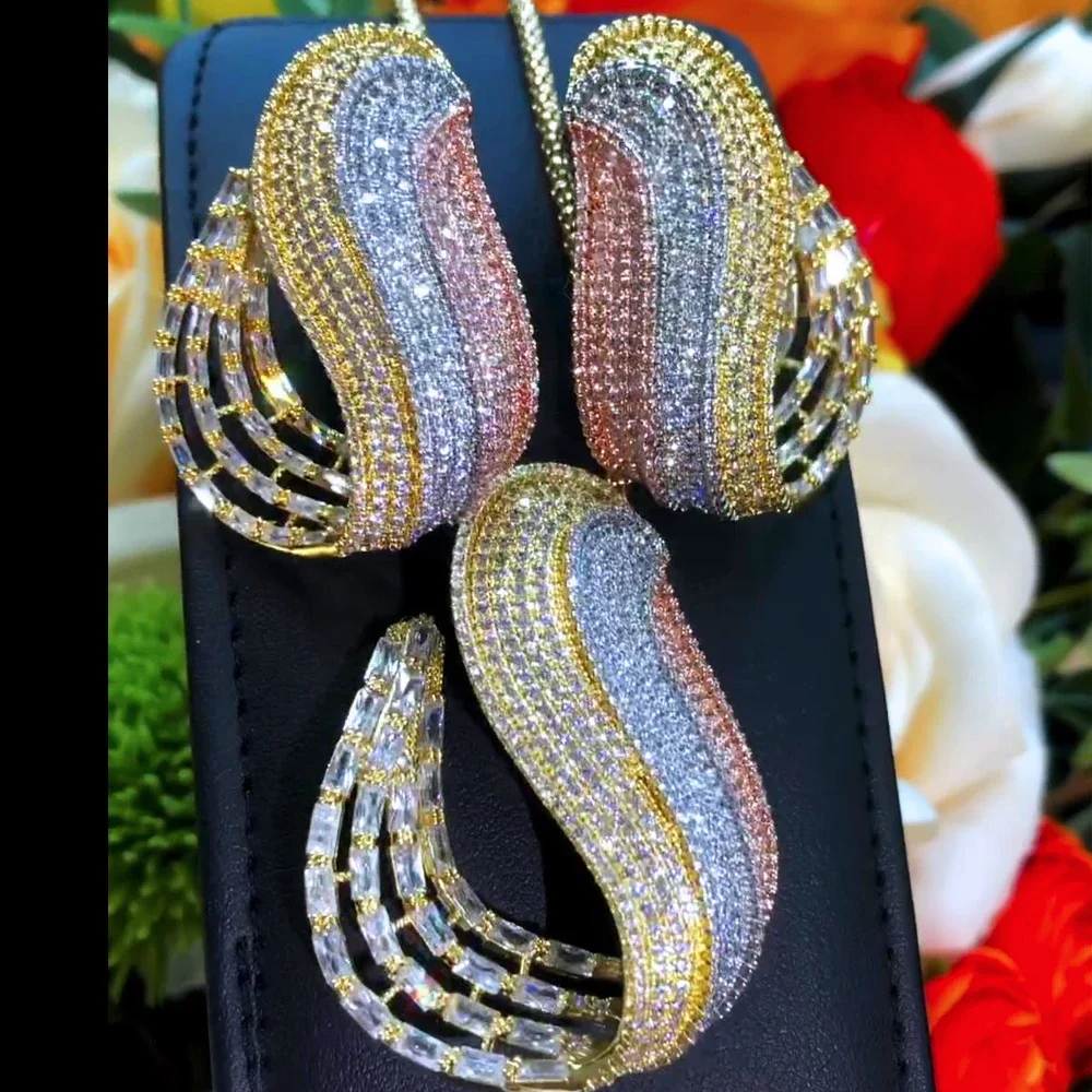 

Kellybola New Luxury Bridal Wedding Big Sparkling Long Pendant Earrings Necklace Jewelry Set Super CZ New Design Fashion Jewelry