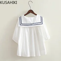 KUSAHIKI Sweet Stripe Sailor Collar Blouse Tops Causal Half Sleeve Woman Shirts 2023 Summer New Korean Pullover Blusas De Mujer