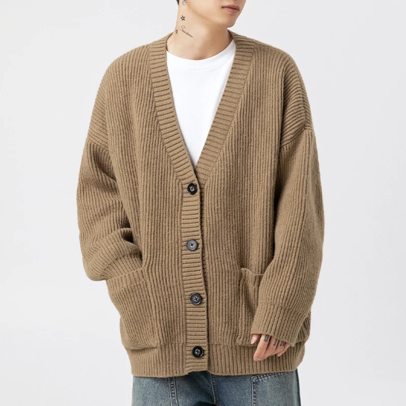 Men\'s Thick Needle Heavy Weight Texture Autumn Winter  Couple Pashmina Simple Solid Color Knit Jacket Coat Button Cardigan