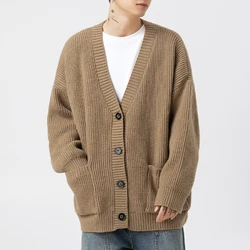 Men's Thick Needle Heavy Weight Texture Autumn Winter  Couple Pashmina Simple Solid Color Knit Jacket Coat Button Cardigan