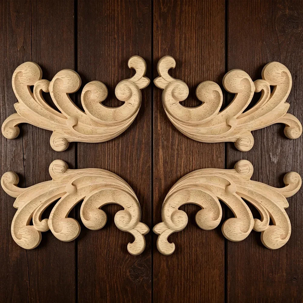 4PCS Modern Wood Carving Decal Wood Carved Corner Applique Frame Home Doors Furniture Decor Decorative Sculptures