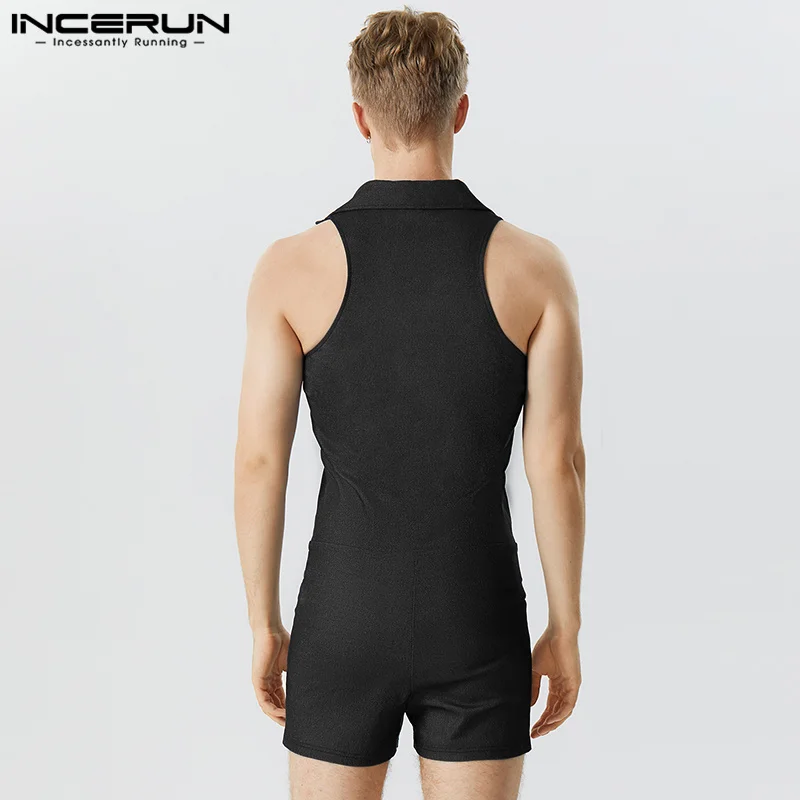 INCERUN Men Rompers Solid Color V Neck Sleeveless Zipper Fashion Male Jumpsuits Streetwear 2024 Fitness Casual Shorts Overalls