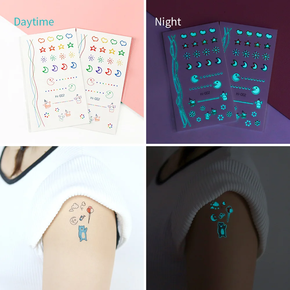 Glow-in-Dark Tattoo Stickers 12PCS - UV Reactive Body Art for Night Parties (Stars/Hearts/Smileys) | Waterproof & Hypoallergenic