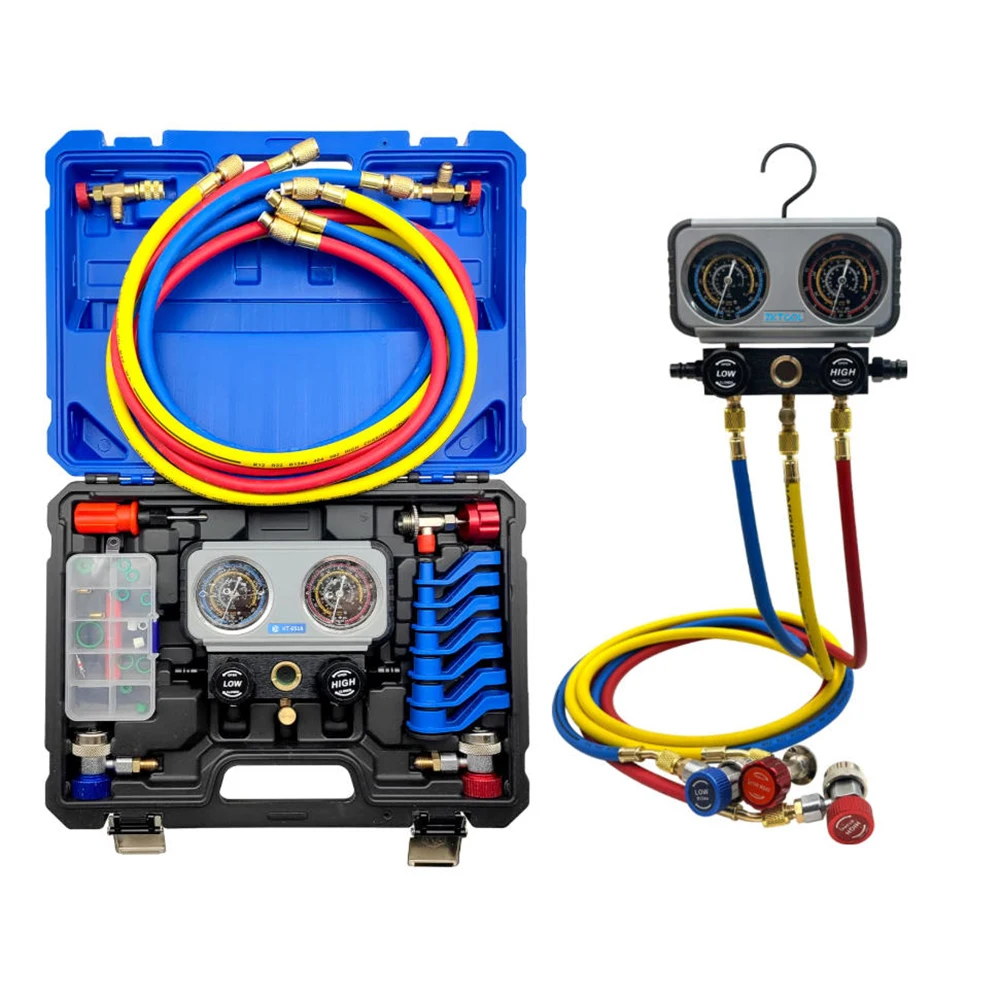 Automotive 4 Valve Manifold Gauge 6PC Refrigerant Adapter for R1234YF R134A and R404A R410A R22 Refrigerant