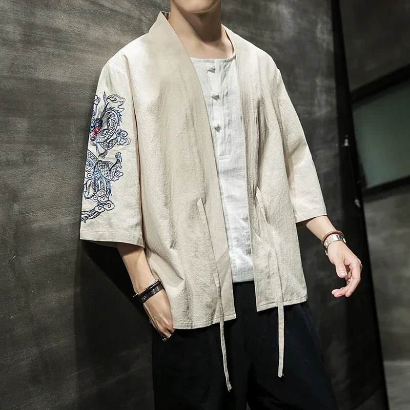 Fashion Costume Embroidery Hanfu Mens Chinese Style Robe Cardigan Jacket Oversized Kimono 5XL Ancient Coat Male