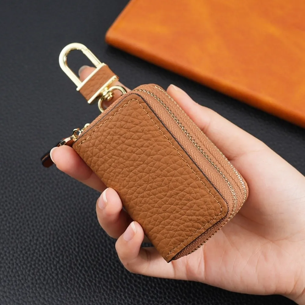 Unisex Double-Layer Car Key Bag Lychee Pattern Top Layer Cowhide Car Key Protection Case Organizer Portable Car Key Wallet