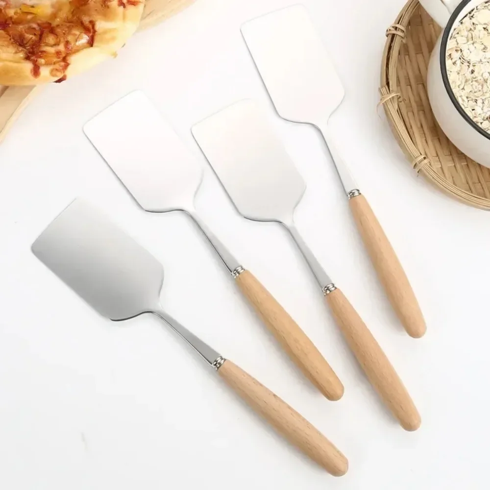 Stainless Steel Square Head Steak Cooking Spatula Pizza Shovel Pancake Beef Turner Scraper Wood Handle BBQ Utensils for Kitchen