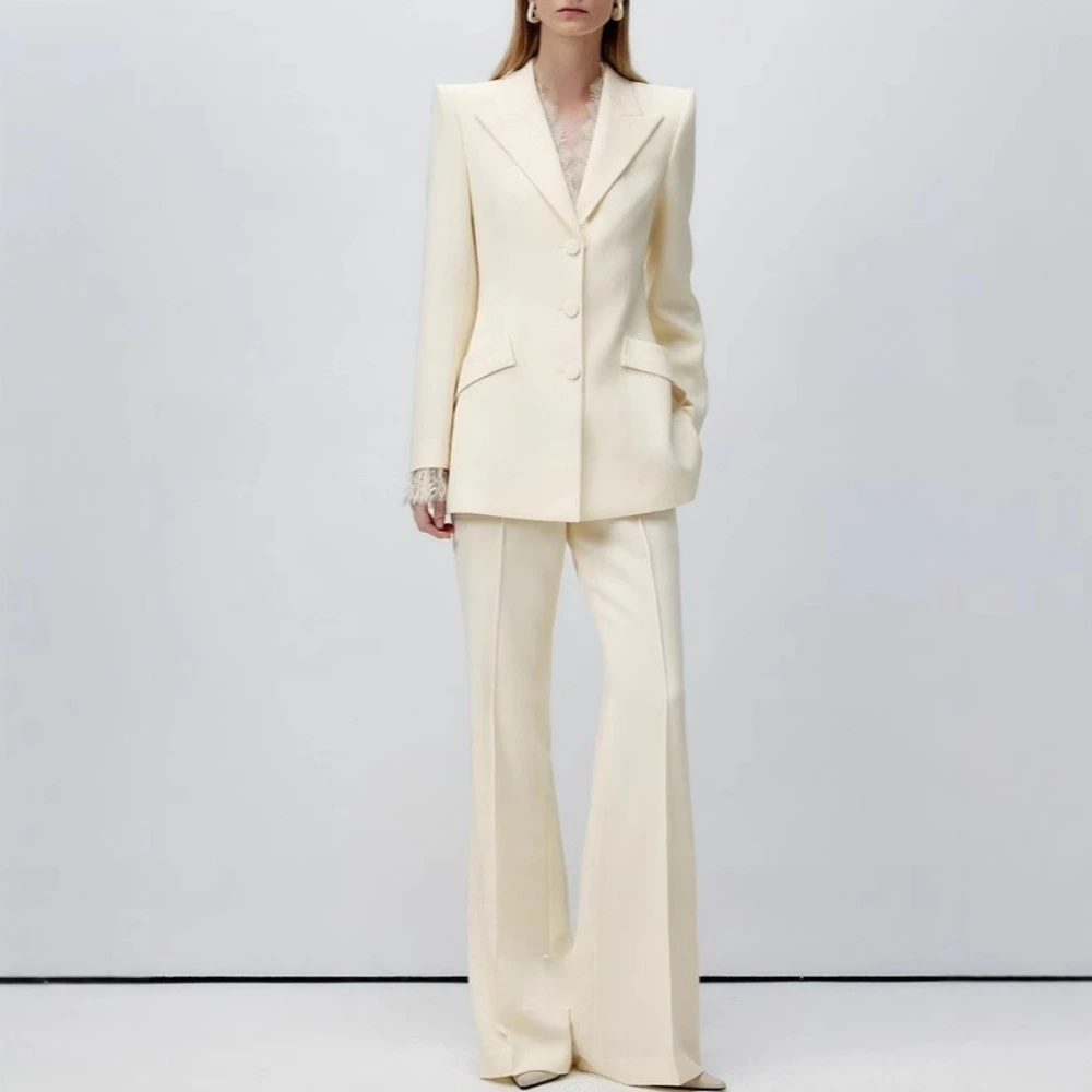 TWOTWINSTYLE Apricot Spliced Lace Two Piece Set Female Lapel Long Sleeve Jacket Office Luxury Women's Trousers Set Fashion New