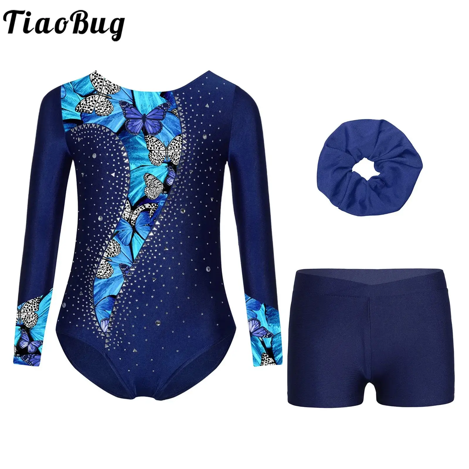 Kids Girls Rhythmic Gymnastics Dance Outfit Figure Skating Sets Long Sleeve Printed Rhinestones Leotard with Shorts and Hair Tie