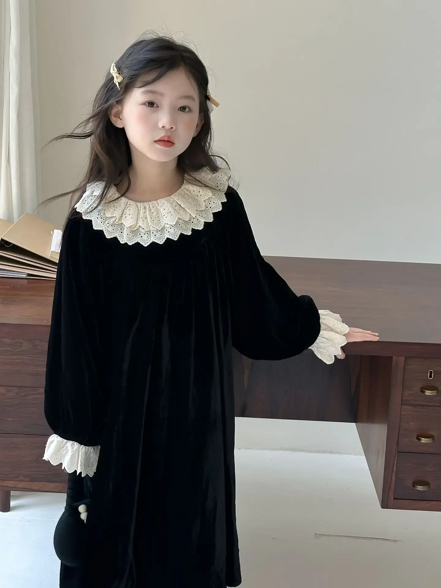 Childrens dress 2024 autumn new style girls lace long sleeved princess dress doll collar dress