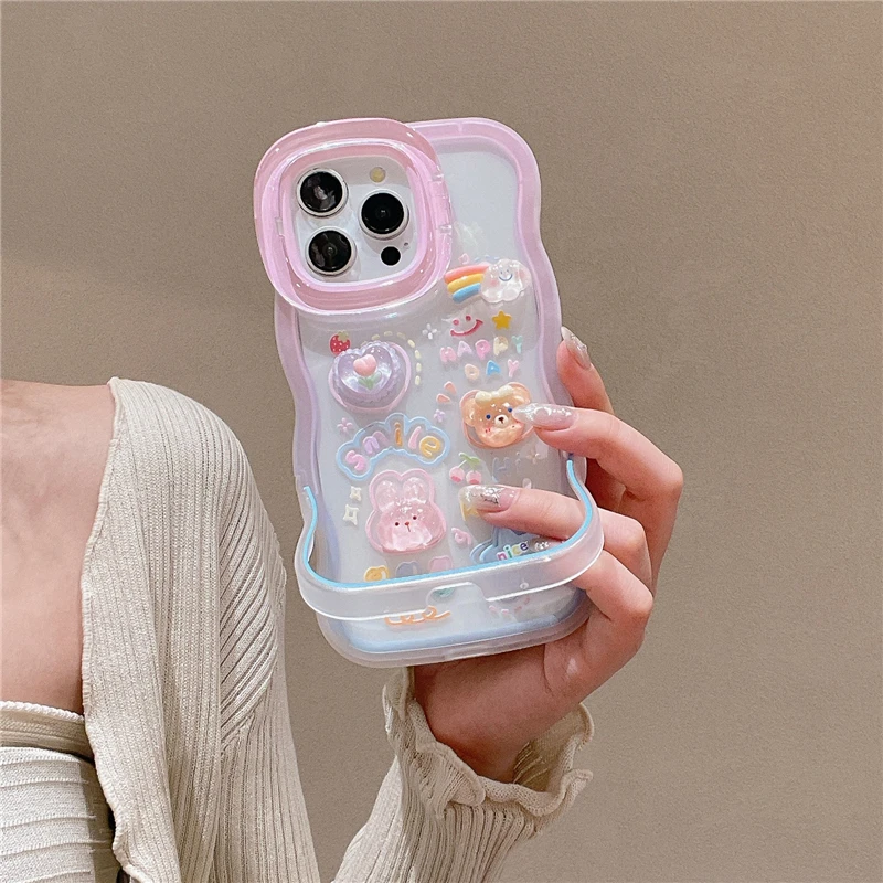 Stereoscopic Rainbow Bear Bunny Anti-collision Anti-Drop Dual Stand Case for iPhone 15 13 12 12 11 14 Pro Max 13Pro XR XS Max X