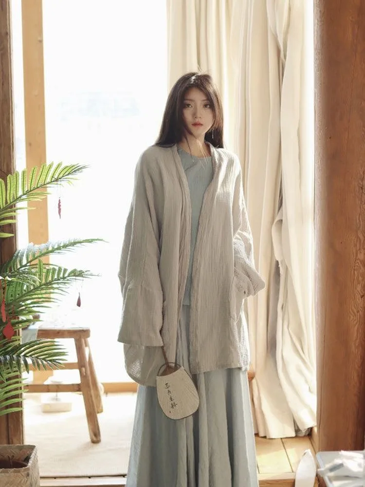 New Chinese Style Cotton Linen Jacket Women's Healing Fairy Atmosphere Zen Clothes Set Early Autumn V-neck Loose Fit Hanfu Top