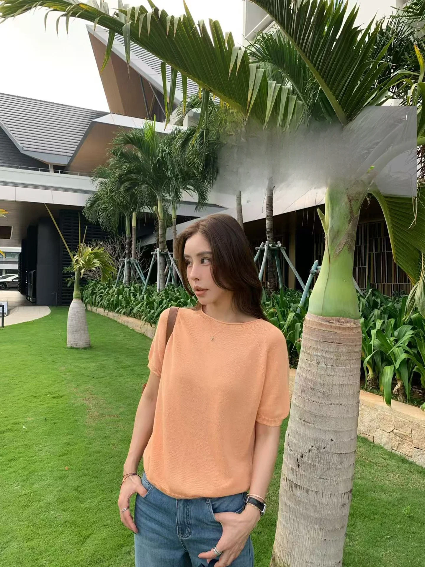 

Lao Dou Jia Rui Mu Ling Lan Rui Lian Leisai Summer Short Sleeve Knitted Shirt Women's Loose Fit Casual Style round Neck