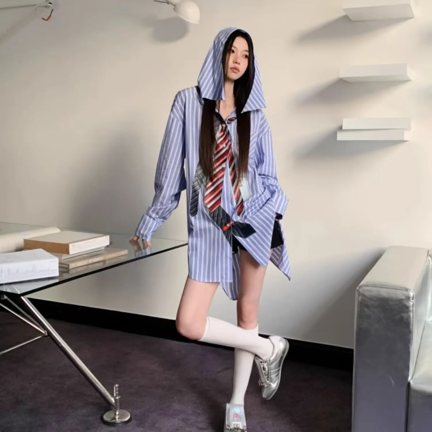 春ブラウス女性ストライプフード付き長袖特大韓国ファッションカジュアルシャツ Y2k ヴィンテージオフィスレディトップス Mujer