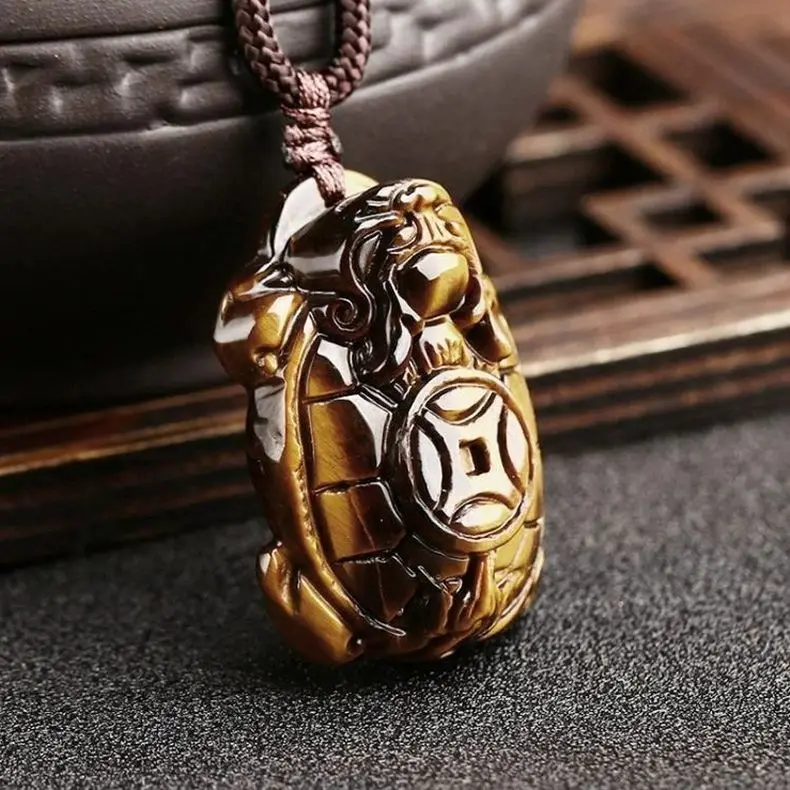 Natural Yellow Tiger's Eye Stone Dragon Turtle Pendant, Men's Turtle Necklace, Gift for Elders