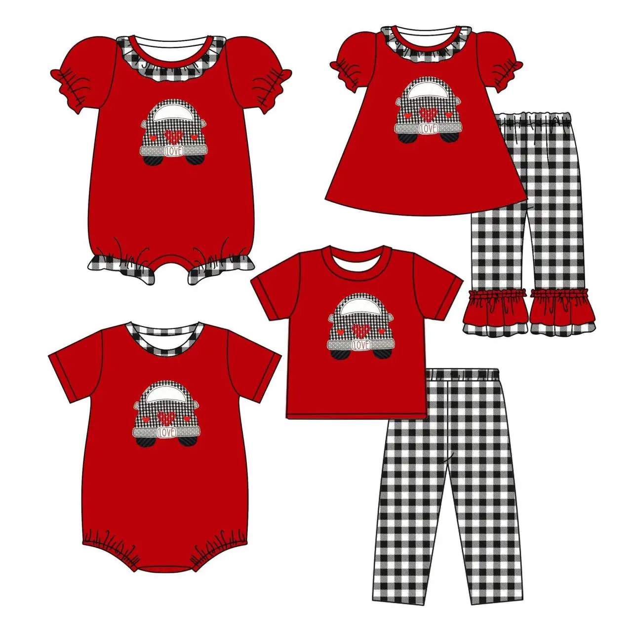 

The New Valentine's Day Boys and girls clothes Short-sleeve and jumpsuit collection Red top and plaid fabric car and love print