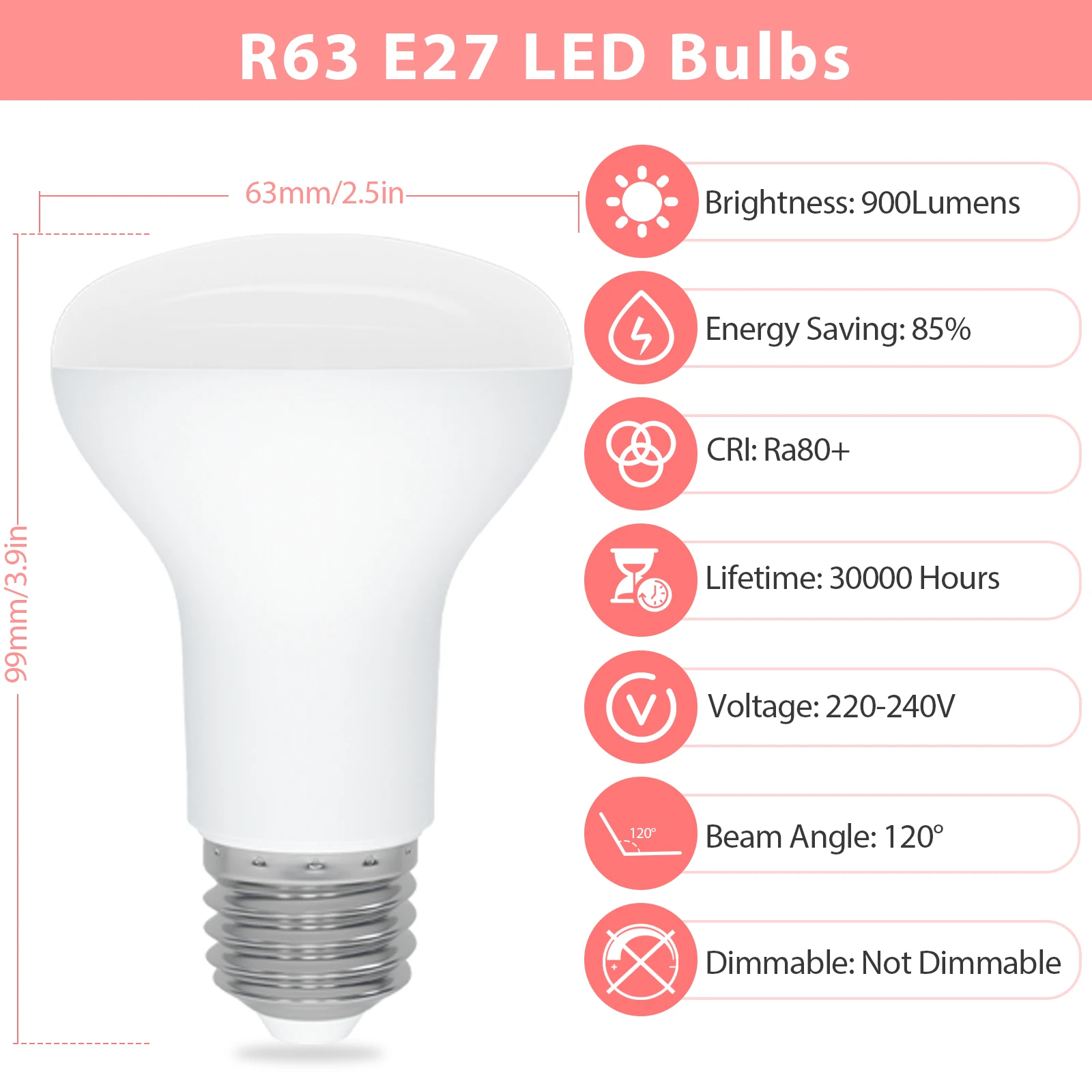 R63 Reflector E27 LED Bulb 220V Cool White Warm White 9W Equivalent 60W LED Spotlight Bulbs 120° Beam Angle Non-Dimmable 6 Pack