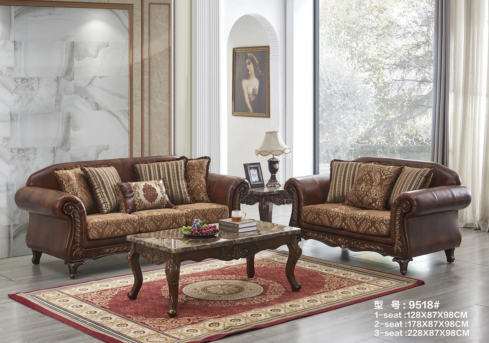 European style living room fabric sofa set / 123 combination American pastoral  living room carved solid wood sofa