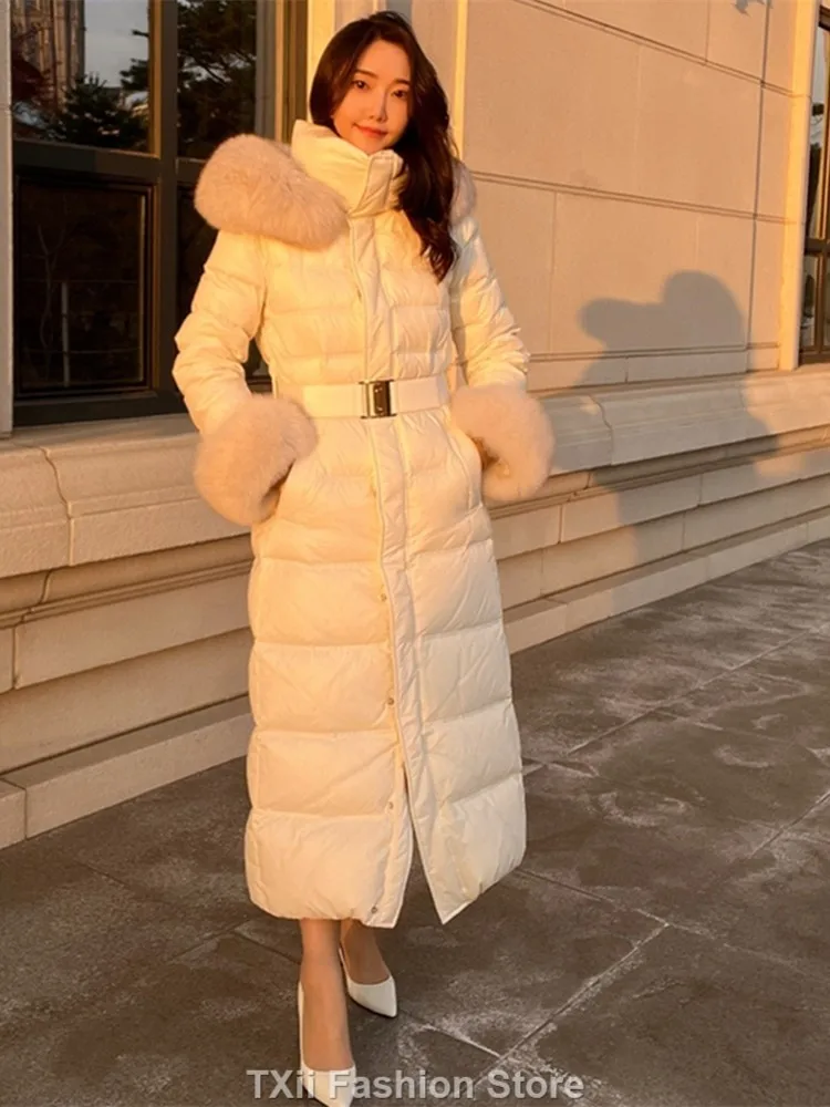 TXii 2023 Winter Women\'s Fashion Long Down Jackets Female Fox Fur Collar Hooded Coats Ladies Thicken White Duck Down Outerwear