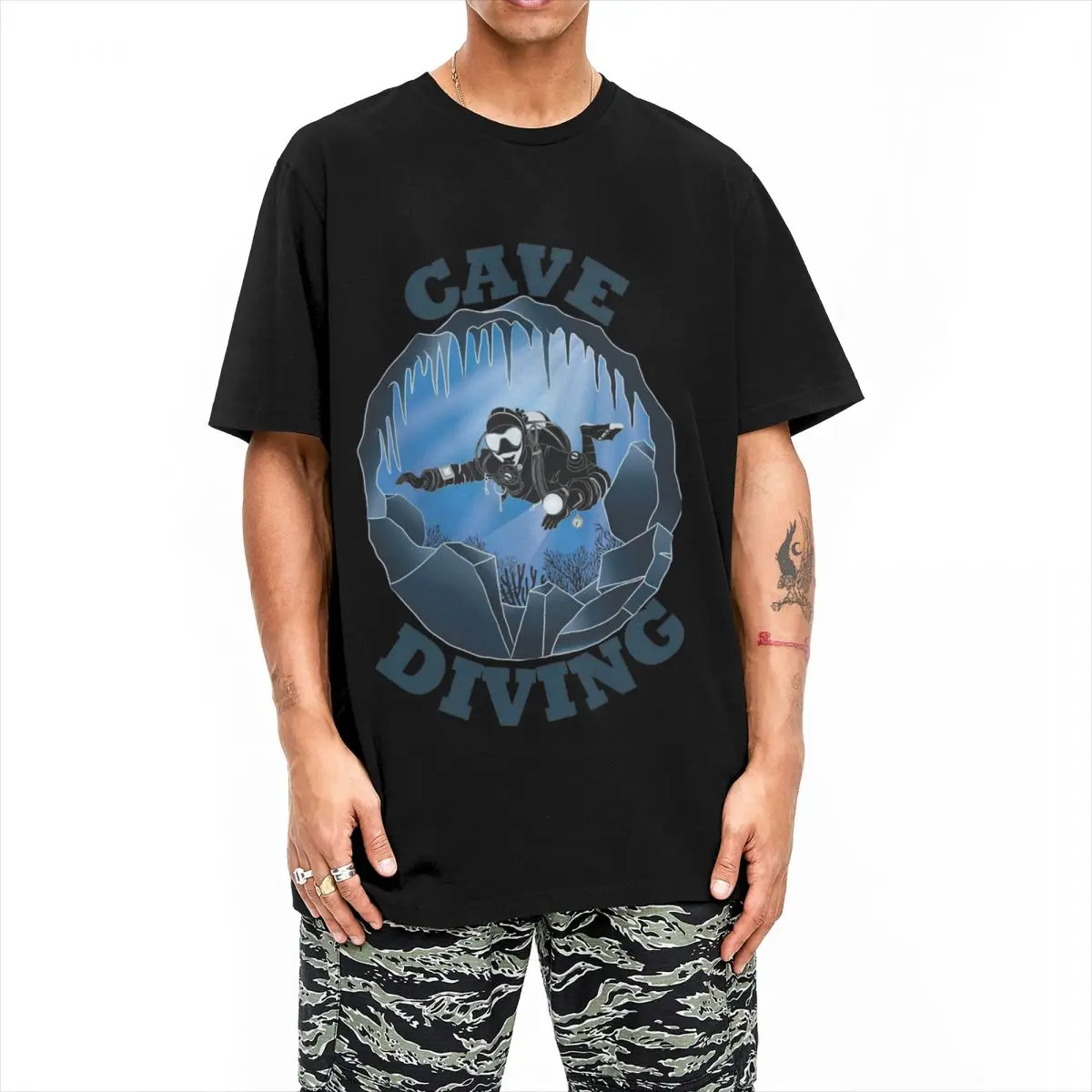 Funny Cave Diving Underwater Scuba Diver T-Shirt Men's Cotton Short Sleeve Crewneck Summer Clothing