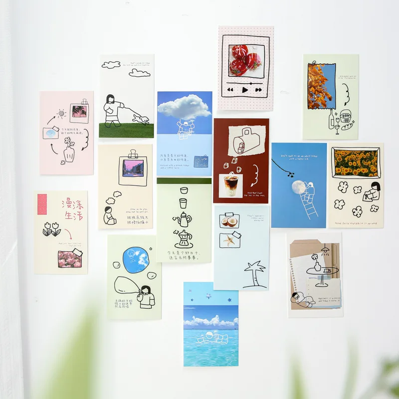 30Pcs Life in Strokes White Card Postcards Box Set Casual Life Aesthetic for Journaling Scrapbooking Craft Supplies