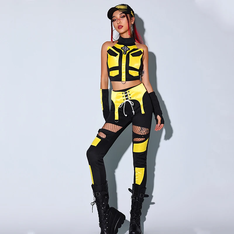 ชุดเต้นแจ๊สผู้หญิง ชุดคอสเพลย์เคป๊อป เสื้อสีเหลืองดำ กางเกง ชุดแสดงสำหรับไนต์คลับ บาร์ ดีเจ ชุดเรฟ แดร็กควีน รุ่น BL12932