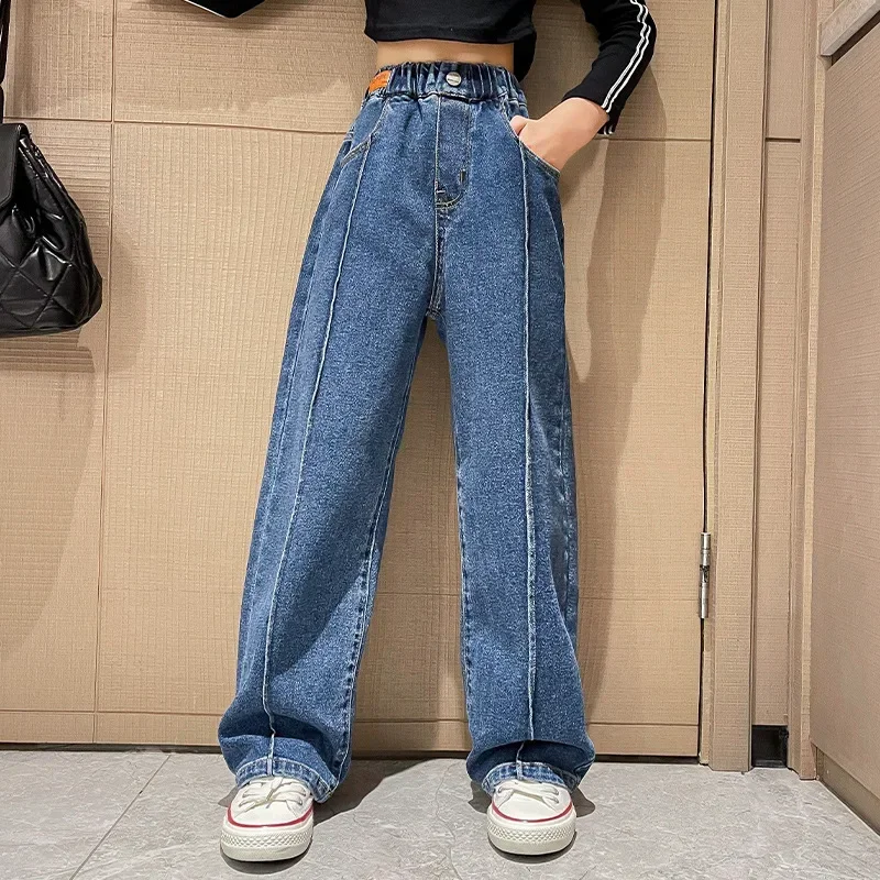 Jeans for Girls Fashion Loose Autumn 2024 Teen Kids Wide Leg Pants Casual All-match 13 14 15 Years Children Straight Trousers