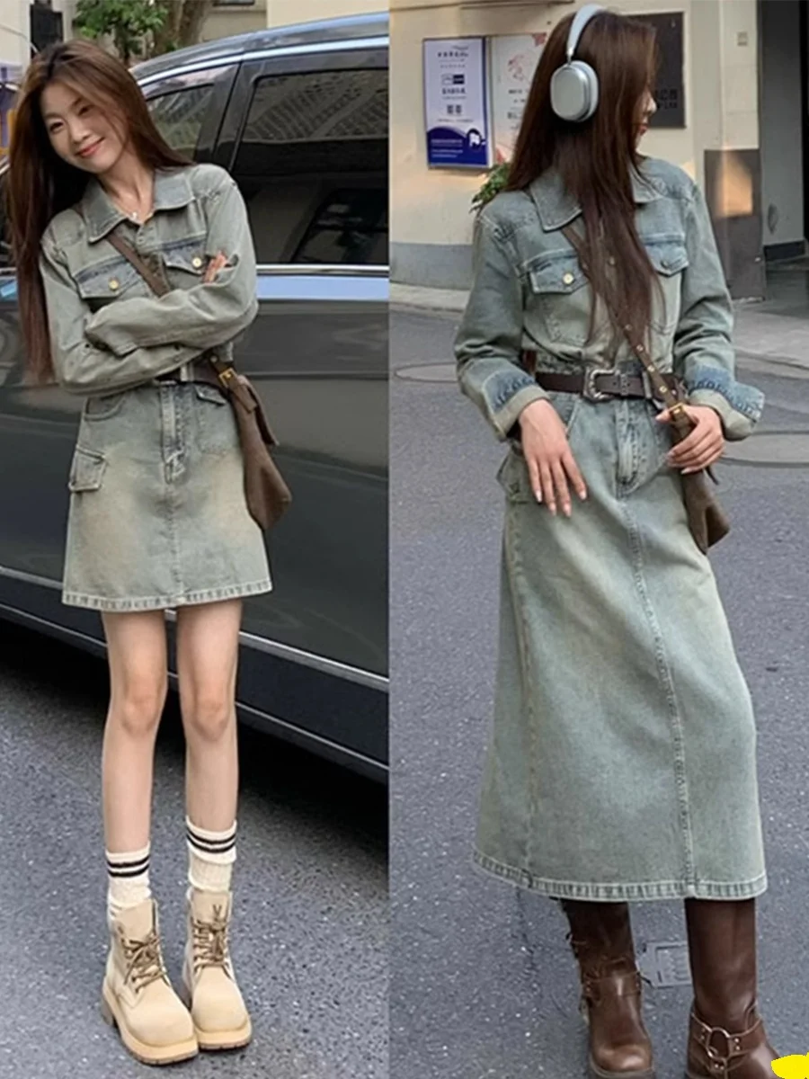Retro Hong Kong Style Faded Slimming Denim Dress Women's Spring Autumn Long Sleeve Unique Beautiful Small Size Denim Skirt