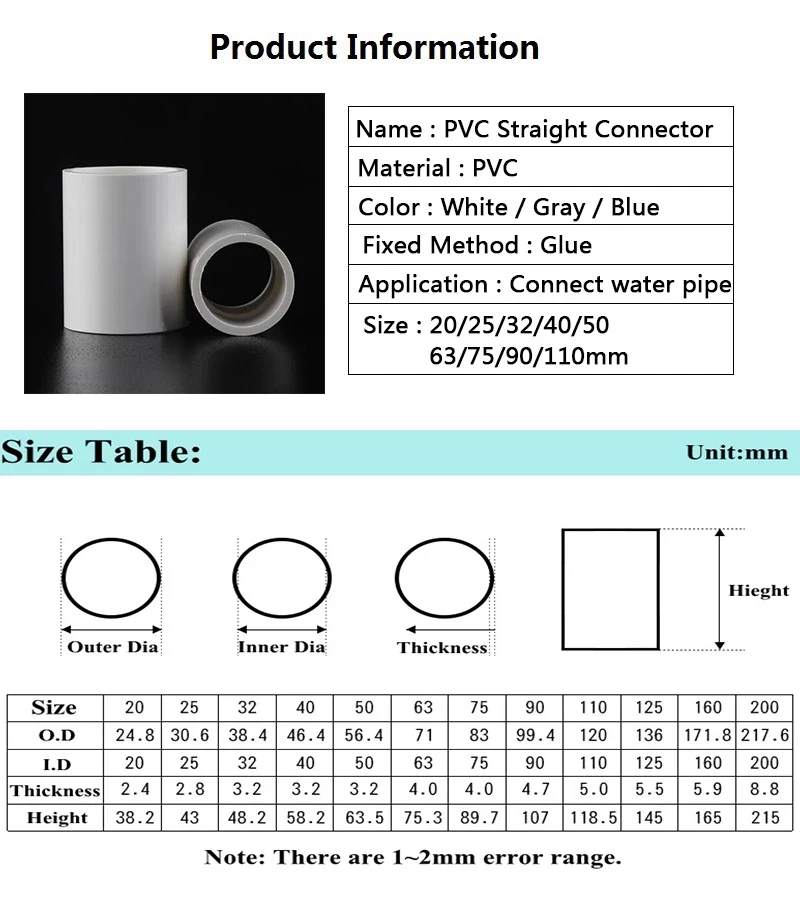 16/20/25/32/40/50/63/75/90-200mm PVC Straight Connector 2 Way Joint Garden Irrigation Aquarium Fish Tank Pipe Adapters Fittings