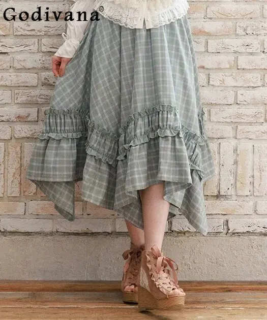 

Женская милая клетчатая длинная юбка с рюшами, в стиле Лолита, с высокой талией, для девушек, летняя новинка 2026, повседневная асимметричная юбка для женщин
