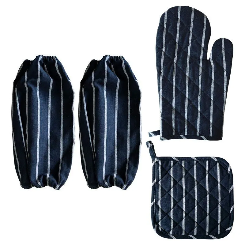 

Dark Blue Striped Cotton Microwave Baking Cooking Tool Oven Gloves Insulation Pad Mat Sleeve Set Heat Resistant Mitten