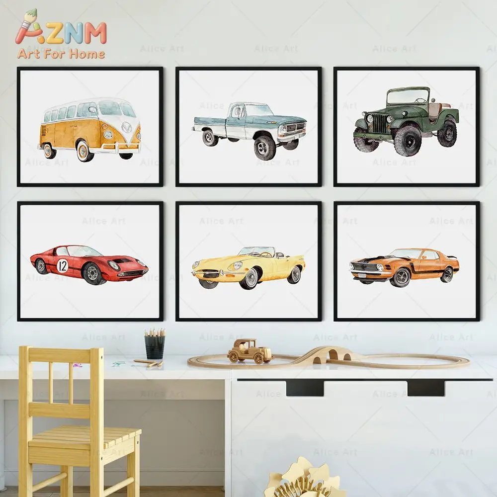 AZNM Watercolor Retro Classic Car Canvas Wall Art Vintage Van Truck Sport Car Illustration Print Frameless Canvas Painting Boys