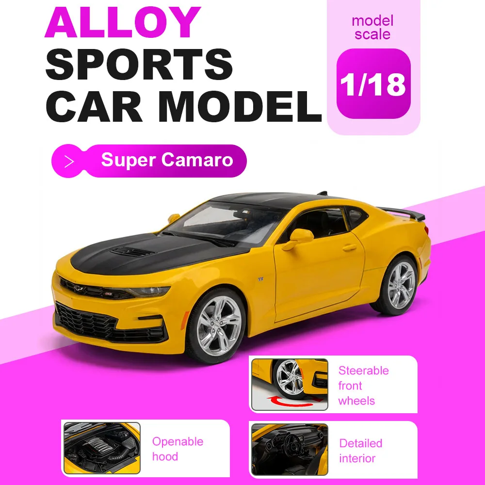 

Масштабная модель автомобиля Camaro X5M 1:18, игрушка с открывающимися дверями, металлическим корпусом, резиновыми шинами, функцией поворота руля, украшение для парня
